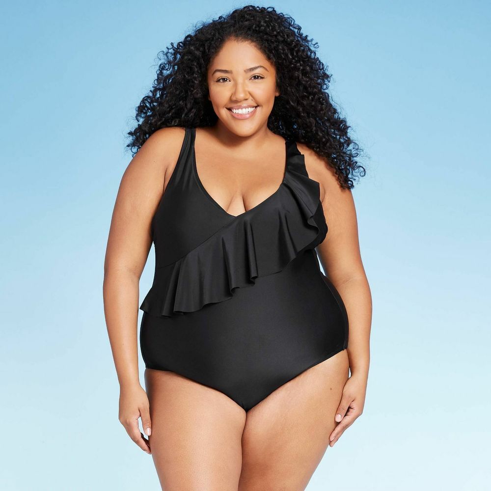 Kona Sol Shoulder Ruffle Medium Coverage One Piece Swimsuit Black 18W Swim 820